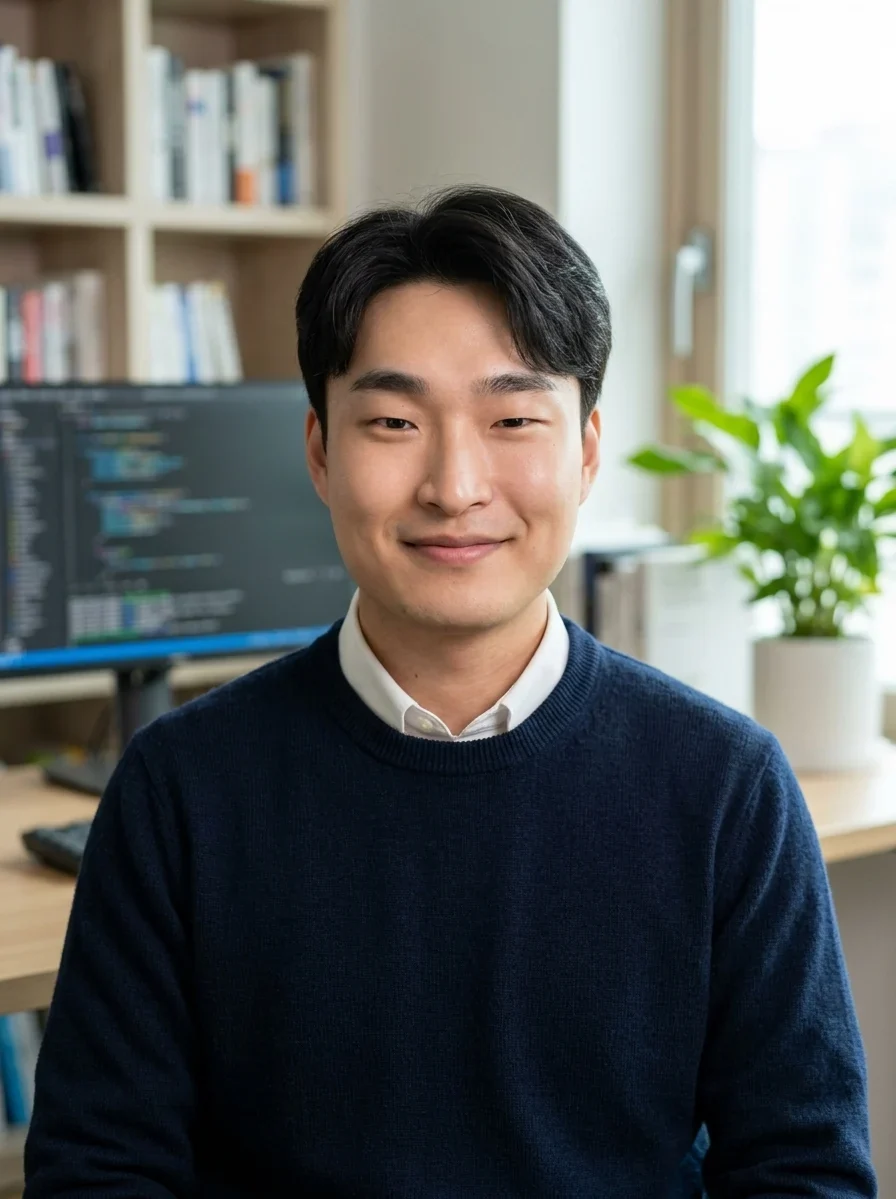 네이비 니트를 입고 작업실에서 웃고 있는 신재국